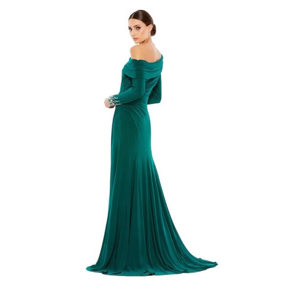 NWT MAC DUGGAL 12231 Emerald Beaded Cuff Drop Shoulder Faux Wrap Gown Women’s - Picture 12 of 12
